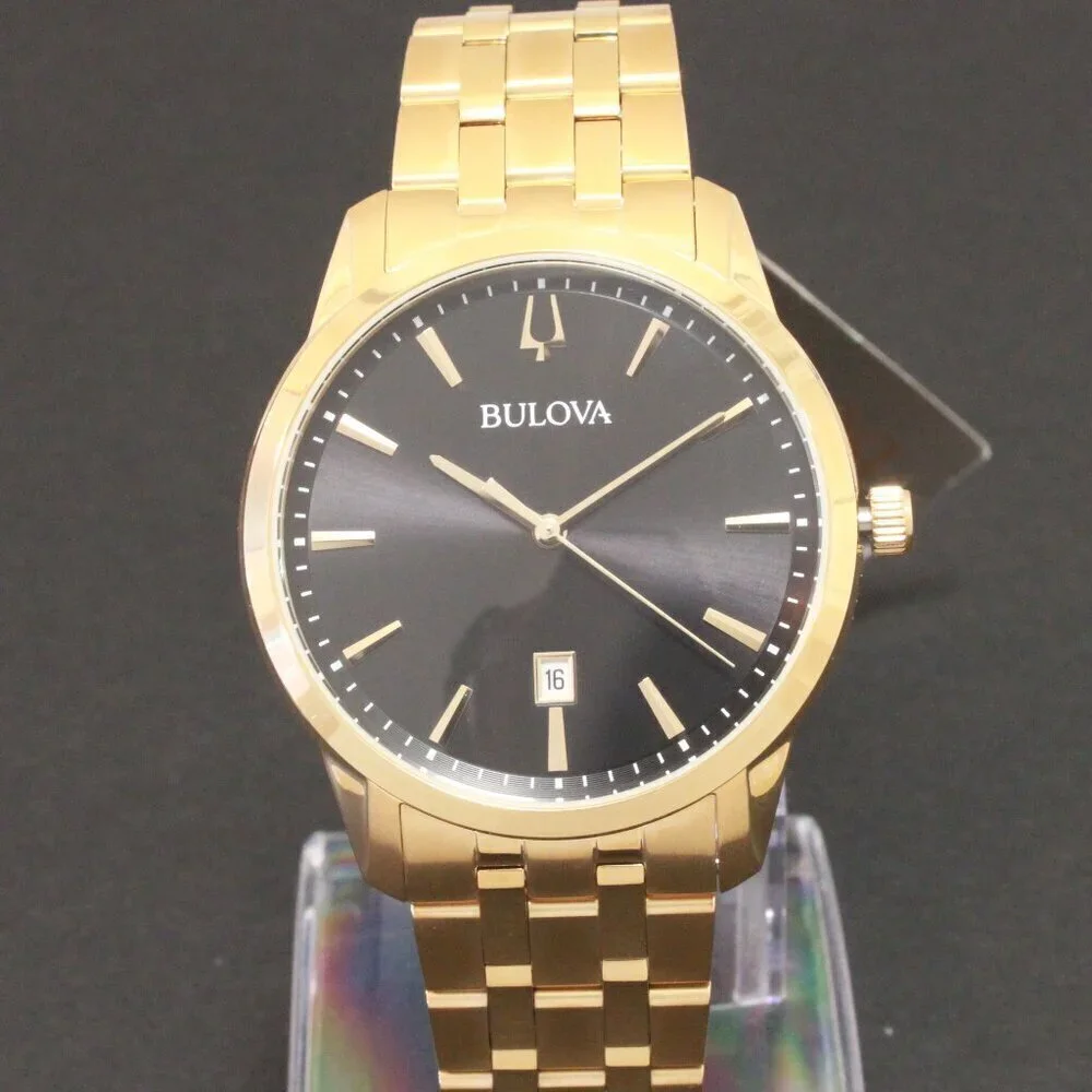 Bulova Men's Classic Sutton Watch Gold Tone Black Dial Date At Six 40mm